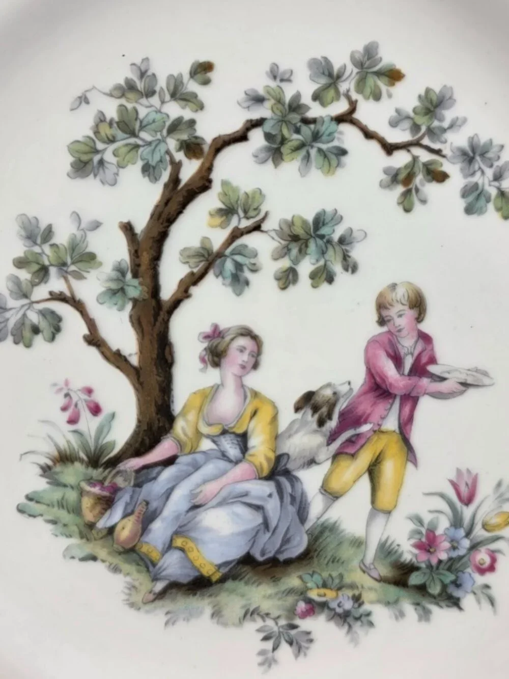 TWO Royal Worcester Watteau Luncheon Plates People in Center with Flowers & Tree